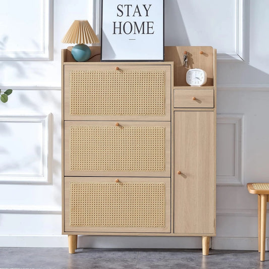 Sudica Rattan Shoe Cabinets with 3 Flip Drawers, Modern Minimalist Shoe Rack Storage Cabinet for Heels/Boots/Slippers,Hallway Entryway Free Standing Shoe Rack with 4 Drawers(Natural Wood)