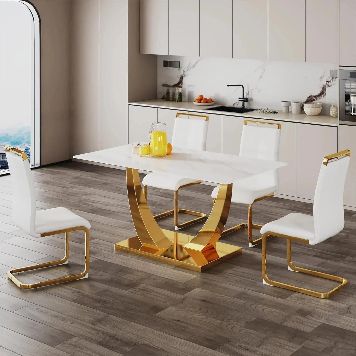 White and Gold Dining Table Set for 4, Faux Marble Dining Room Table Set for 4,63'' Rectangular Tempered Glass Top Kitchen Table Set and 4 Chairs for Dining Room Kitchen