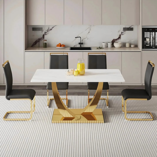 White and Gold Dining Table Set for 4, Faux Marble Dining Room Table Set for 4,63'' Rectangular Tempered Glass Top Kitchen Table Set and 4 Chairs for Dining Room Kitchen