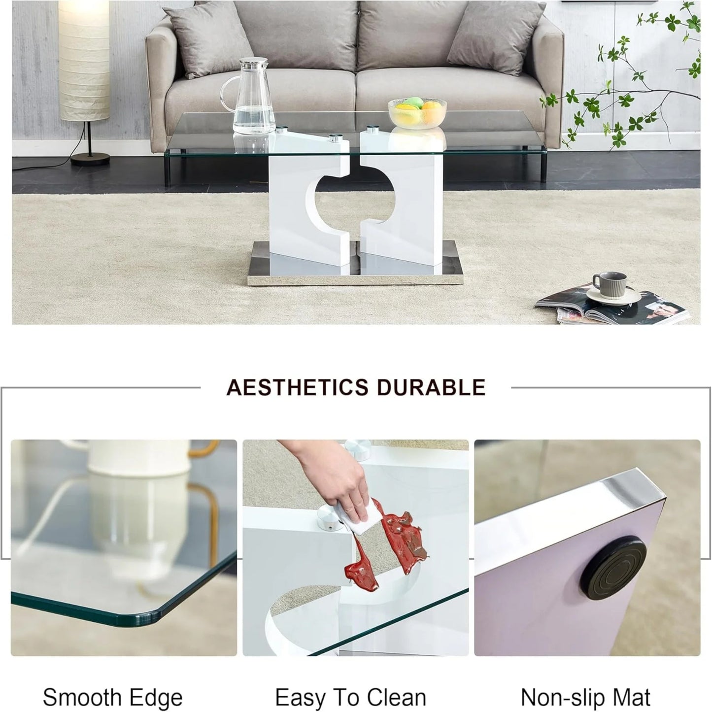 Sudica Glass Rectangular Coffee Table, 47" Modern Tea Table with Tempered Glass Tabletop and White Legs for Living Room.
