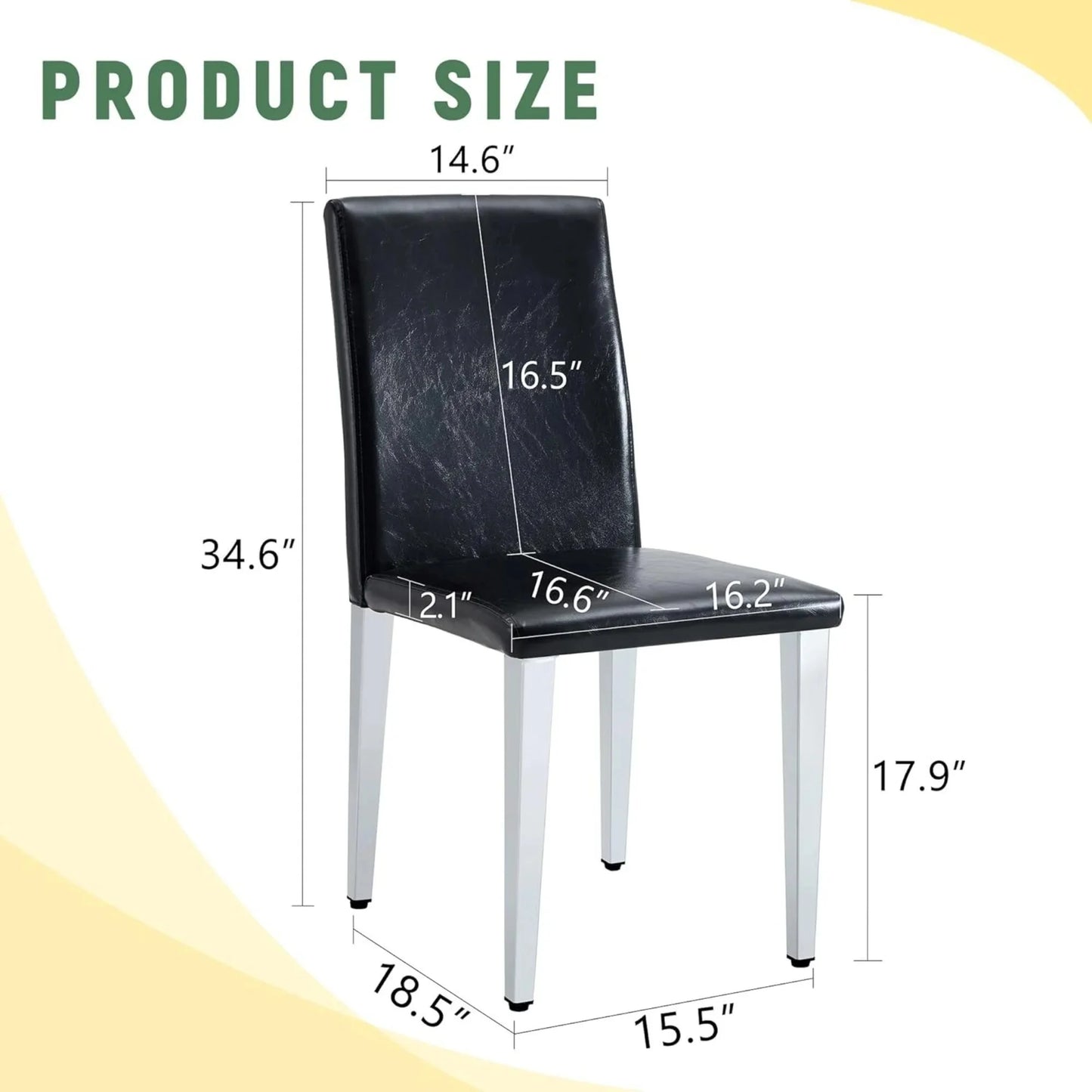 SUDICA Black Faux Leather Dining Chairs Set of 2, Silver Metal Legs for Kitchen or Dining Room