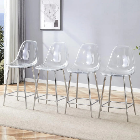 SUDICA Counter Height Bar Stools Set of 4, Clear PET Seats, Silver Metal Legs
