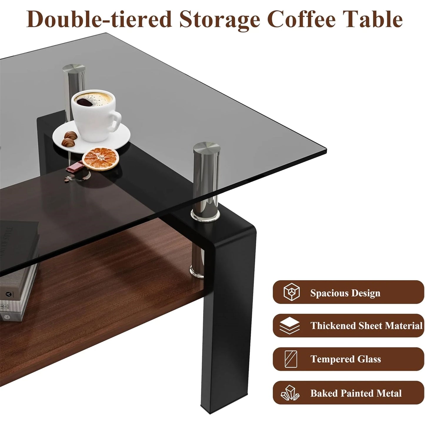 Glass Coffee Table Rectangle Living Room Center Table with Storage, Clear Tempered Glass Tabletop and Smoke Grey Leg,for Living Room and Office (Clear Smoke),Gray brown
