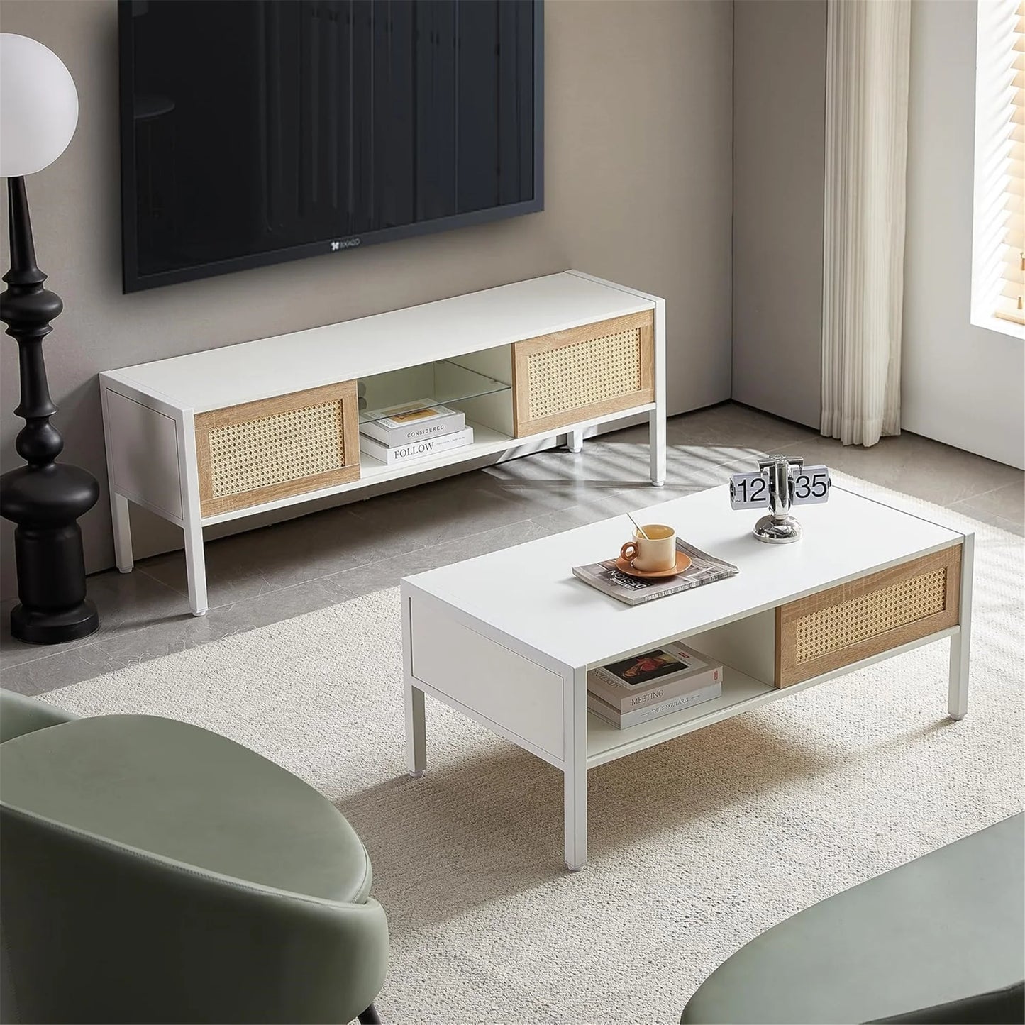 Rattan TV Stand for 65 Inch TV, Boho Entertainment Center with Adjustable Shelves & Metal Frame, Wood TV Media Console with Variable Light Strip for Living Room, White