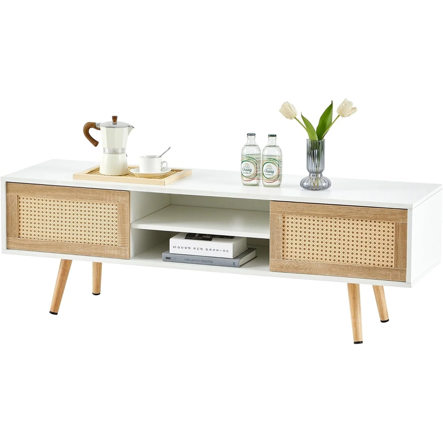 Rattan TV Stand for 65 Inch TV, Boho Entertainment Center with Adjustable Shelves & Metal Frame, Wood TV Media Console with Variable Light Strip for Living Room, White,White Wood