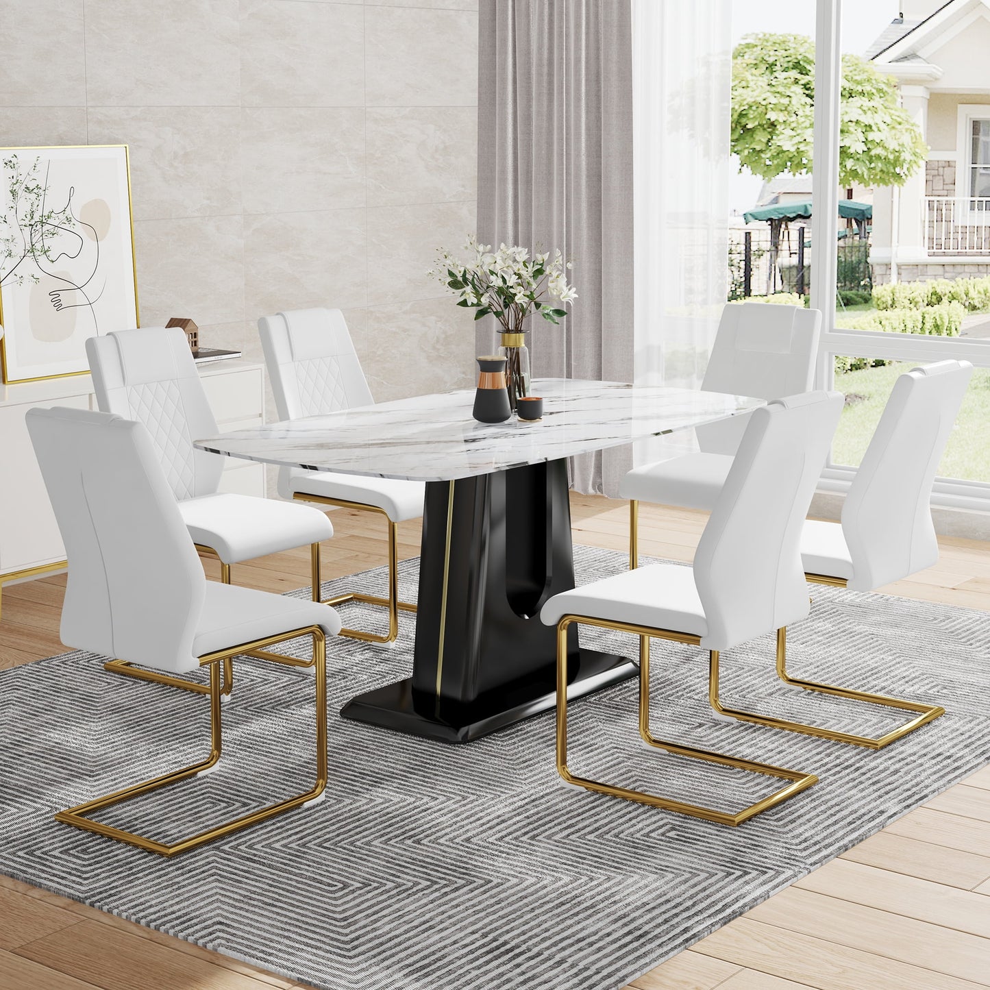 SUDICA 7 Piece Modern Dining Table Set, Faux Marble MDF Table, Stain Resistant White Chairs