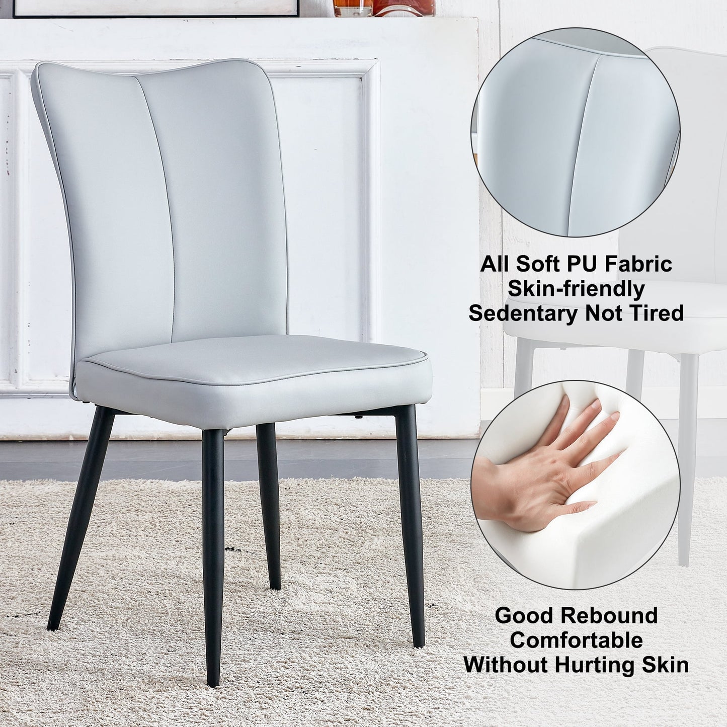Sudica Modern Dining Chairs Set of 6, Upholstered Leather Kitchen Chairs with Metal Legs, Gray