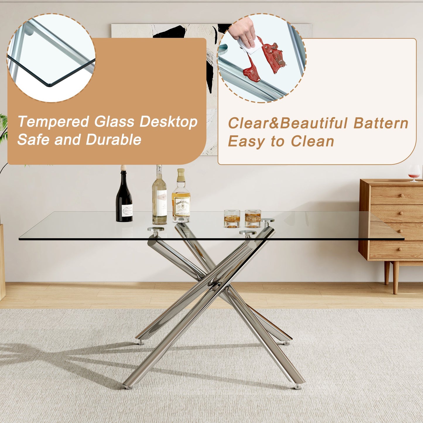 Sudica Modern Large Rectangular Glass Table for 6-8 with 0.39" Tempered-Glass Tabletop, Metal Legs for Kitchen Dining Room, Silver