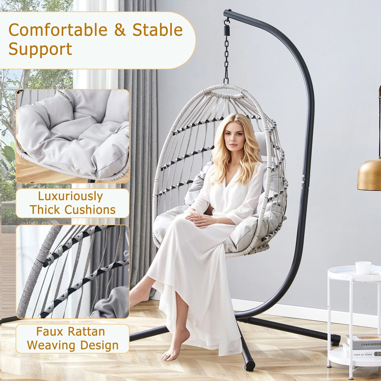Sudica Hanging Egg Chair with Stand, Wicker Swing Chair with Soft Cushion for Indoor  Outdoor Patio