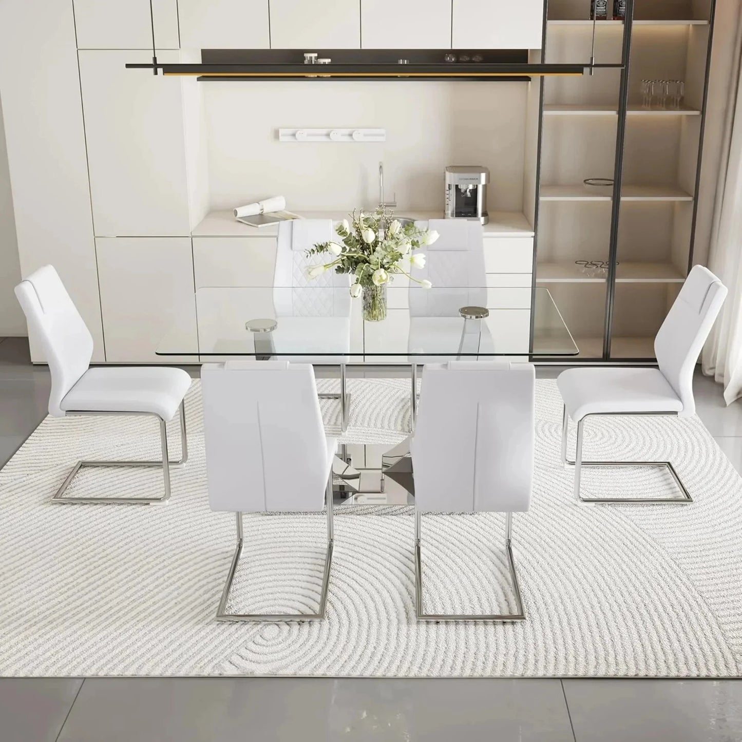 Silver Dining Table Set for 6,7PCS Glass Dining Room Table Set for 6, 63'' Rectangular Tempered Glass Top Kitchen Table Set and 6 Chairs for Dining Room Kitchen