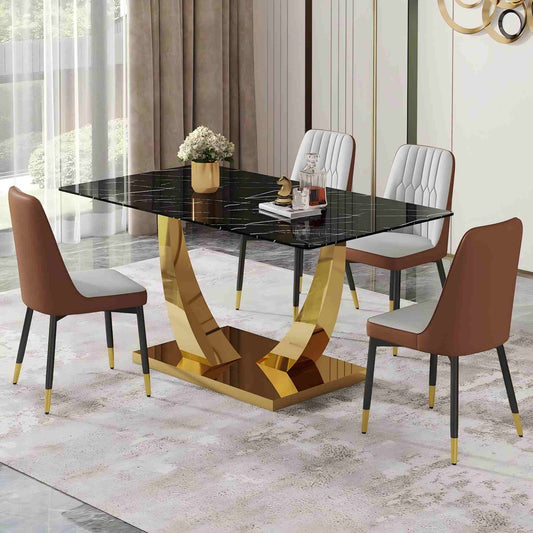SUDICA Dining Table Set Black Glass Top Gold Base Faux Leather Chairs for Dinner Room, 5 Piece
