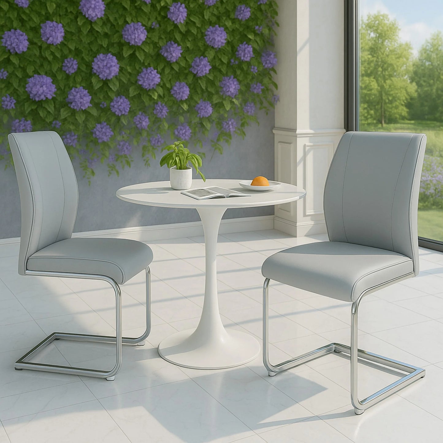 SUDICA Dining Room Chairs, Light Gray Faux Leather High Back, Chrome Legs, Set of 2