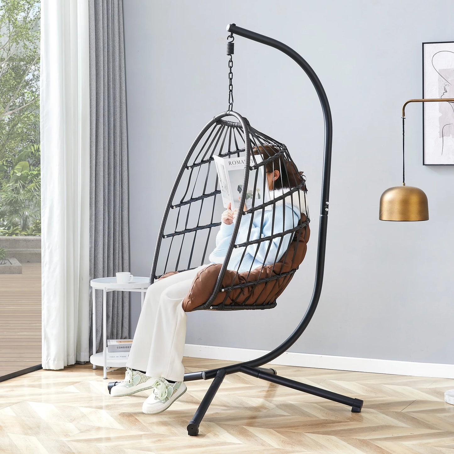 Sudica Hanging Egg Chair with Stand, Wicker Swing Chair with Soft Cushion for Indoor  Outdoor Patio
