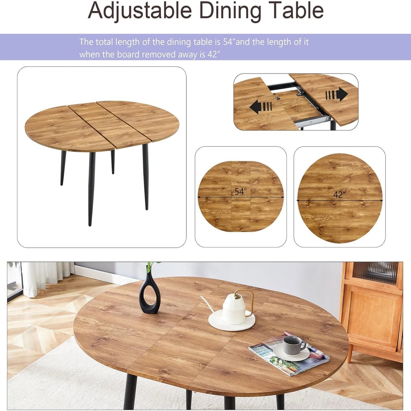 Extendable Kitchen Table, Modern Farmhouse Dining Table, Extendable Dining Room Table, Expandable Conference Table, Round Mid-Century Modern Dining Table, for Small Space, Dining Room (Wood)