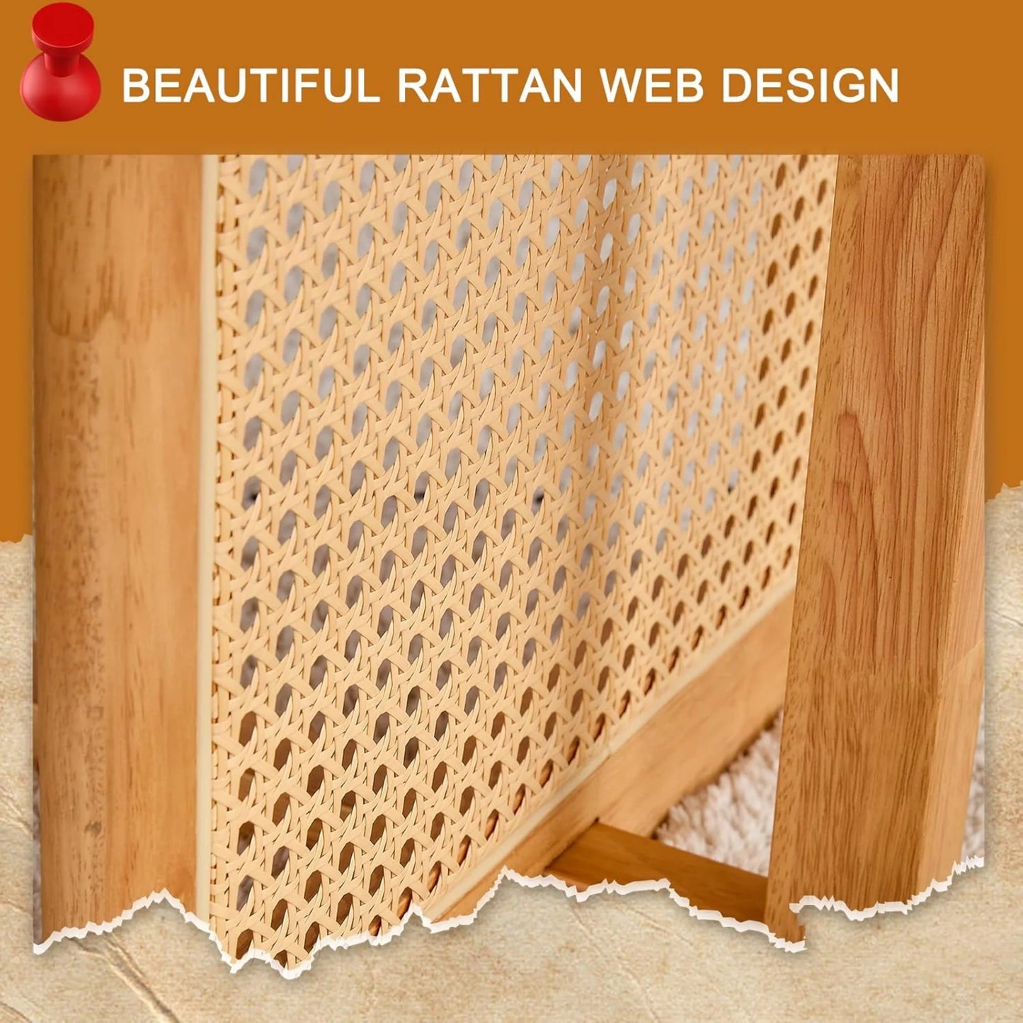 SUDICA 47" Solid Wood Coffee Table, Rattan Panel Legs, Modern Rectangle Table for Living Room