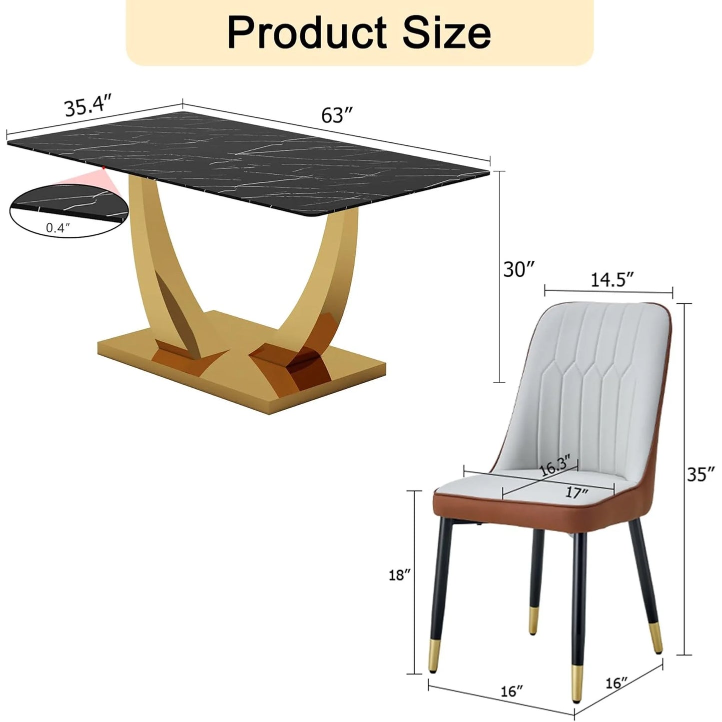 SUDICA 63" Glass Dining Table Set for 6, Gray-Brown PU Chairs, Gold Base for Villa Dining Room
