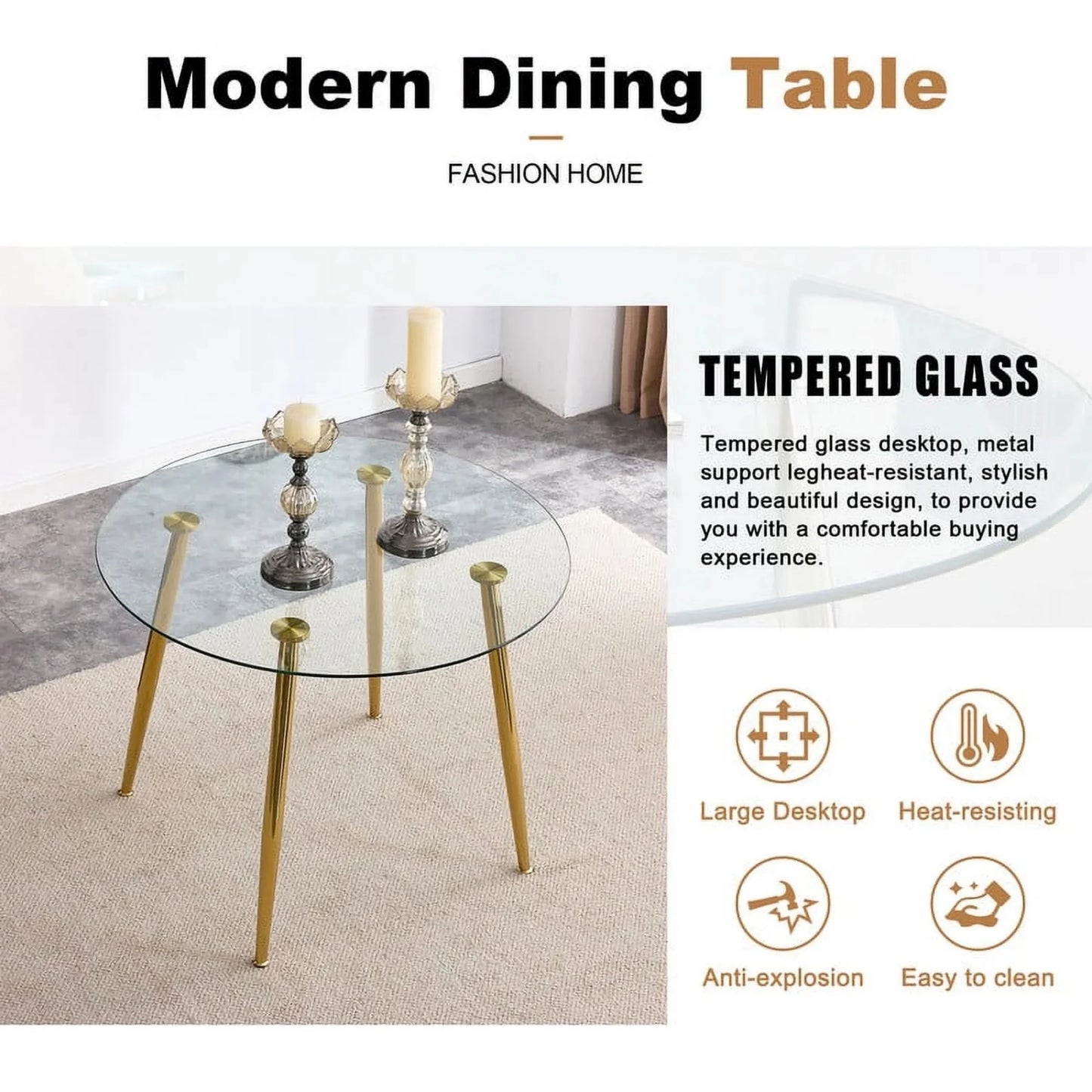 Sudica Round Dining Table Set for 2, 40in Tempered Glass & Grey PU Chairs, Gold Legs