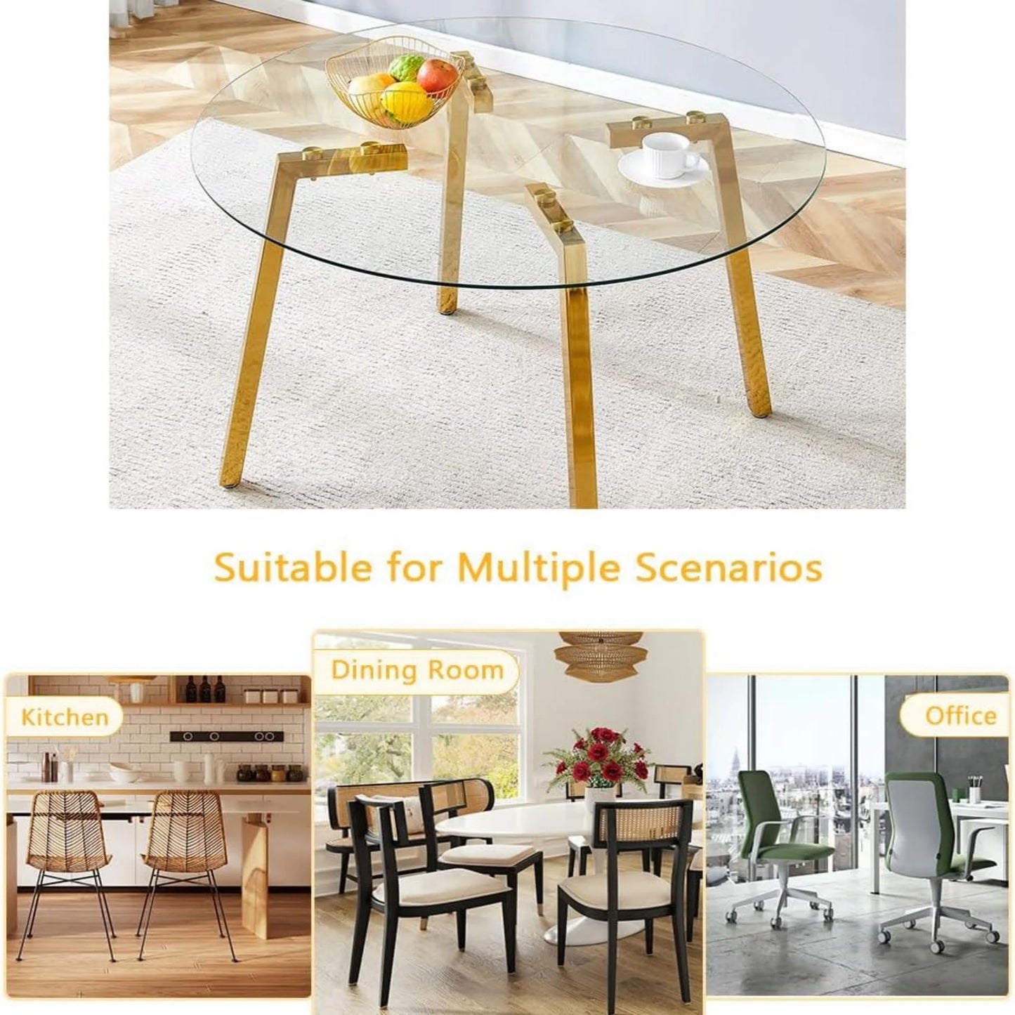 Sudica 47.3"Round Dining Table. Modern Minimalist Kitchen Table Glass with Metal Legs, for Kitchen, Dining Room, Golden