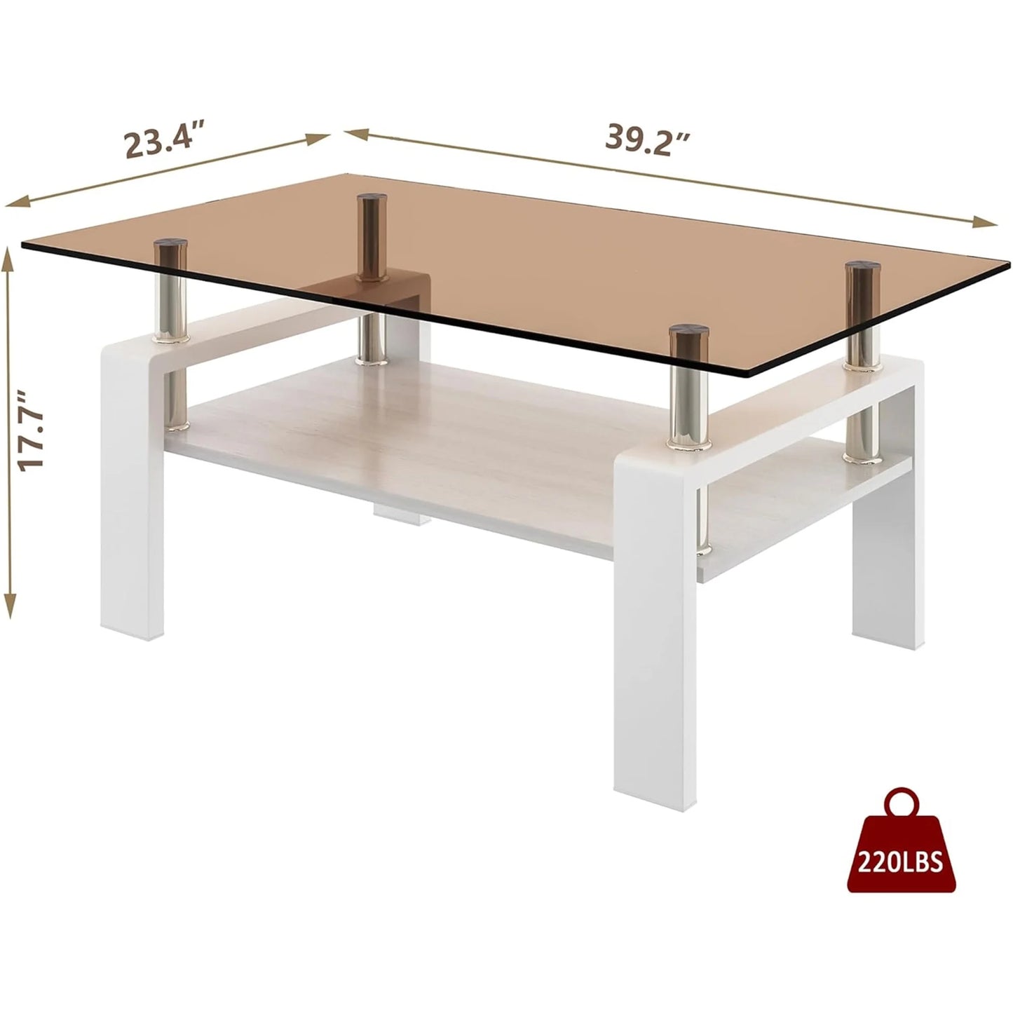 Glass Coffee Table Rectangle Living Room Center Table with Storage, Clear Tempered Glass Tabletop and Smoke Grey Leg,for Living Room and Office (Clear Smoke),Brown white