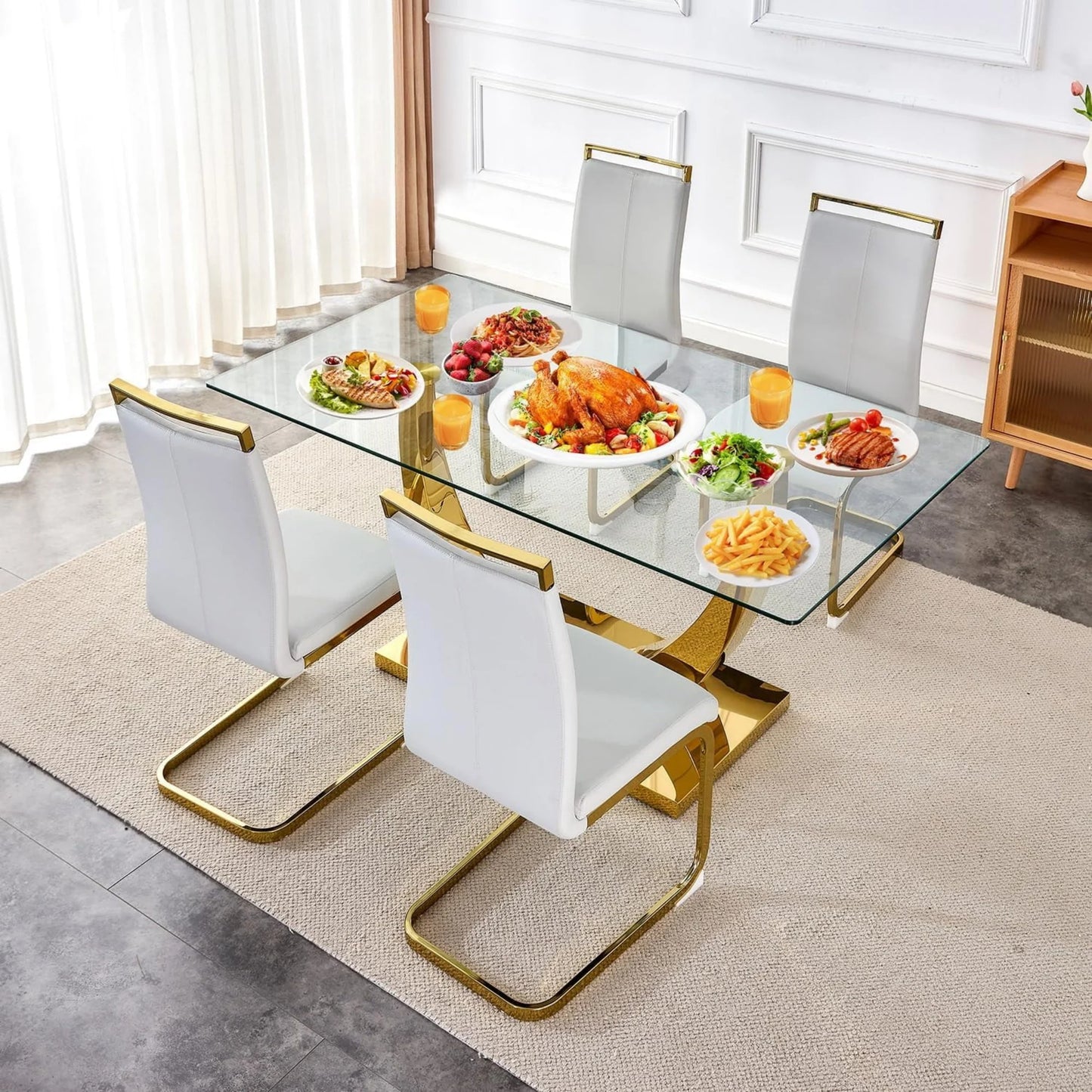 SUDICA Dining Table Set with Glass Top and Light Gray PU Chairs for Dining Room, 5 Pieces