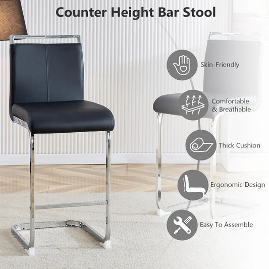 SUDICA Modern PU Leather Barstools and Upholstered with Metal Legs - Set of 2, Black