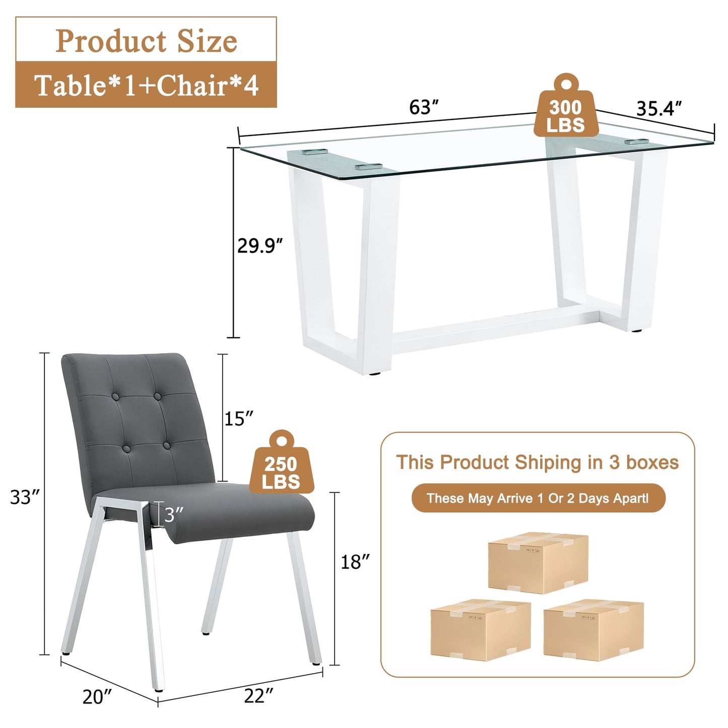 63" Glass Dining Table Set for 4, Sudica White Legs Kitchen Table Set with Upholstered Faux Leather Dining Room Chairs, Gray