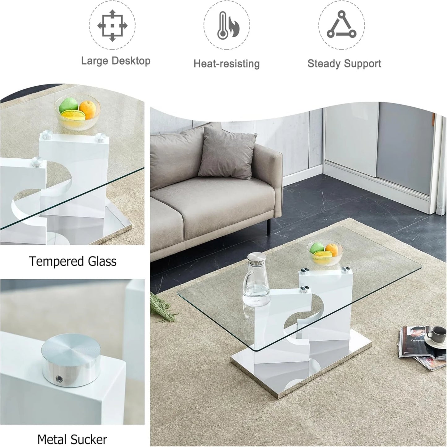 Sudica Glass Rectangular Coffee Table, 47" Modern Tea Table with Tempered Glass Tabletop and White Legs for Living Room.
