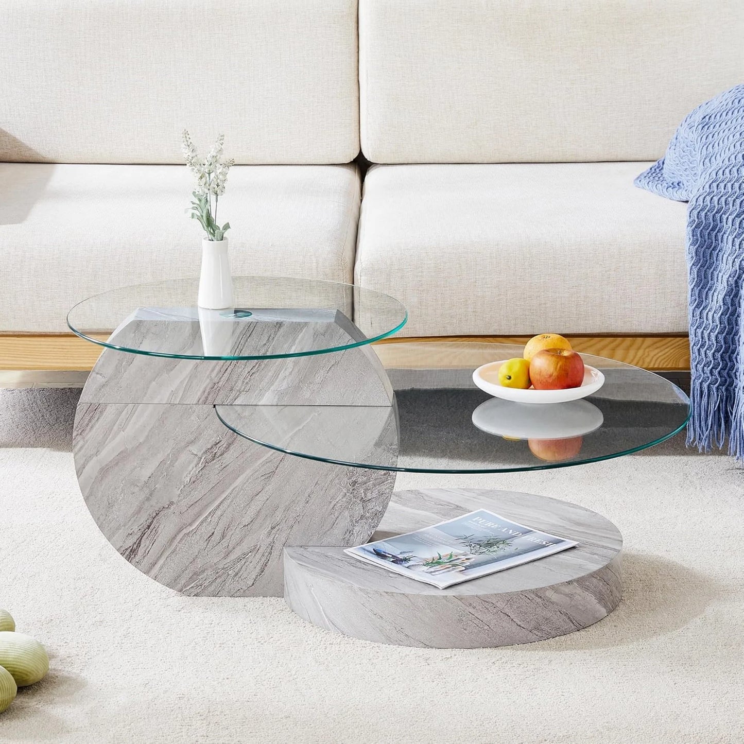 Sudica Modern Double-Layer Round Glass Coffee Table, 35.4" Center Table with Light Grey Faux Marble Base, Tempered Glass Top for Living Room