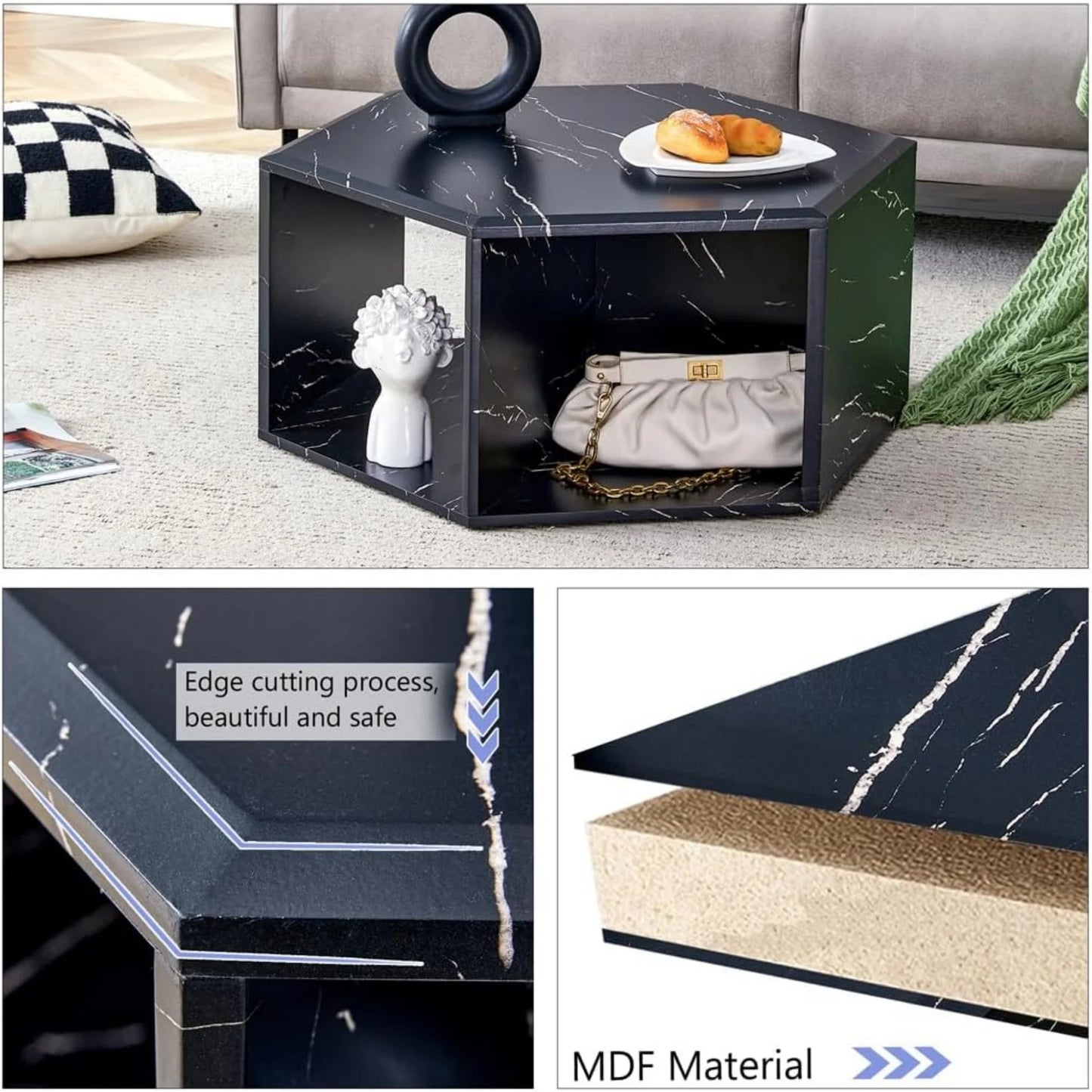 Faux Marble Coffee Table with Storage, Geometric Living Room Table