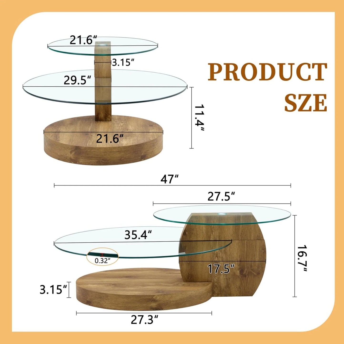 Sudica Modern Coffee Table with Double-layer Round Glass Tabletop,47" Tea Table with Natural Wood Faux Marble Patterned Base,Center Table for Living Room