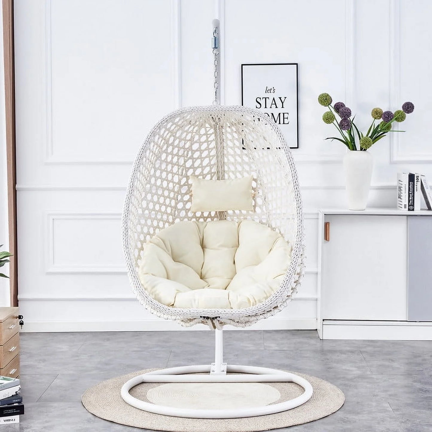 Hanging Egg Chair with Stand,Sudica Patio Soft Cushion Rattan Wicker Egg Swing Chair for Outdoor and Indoor,350lbs Capacity,White