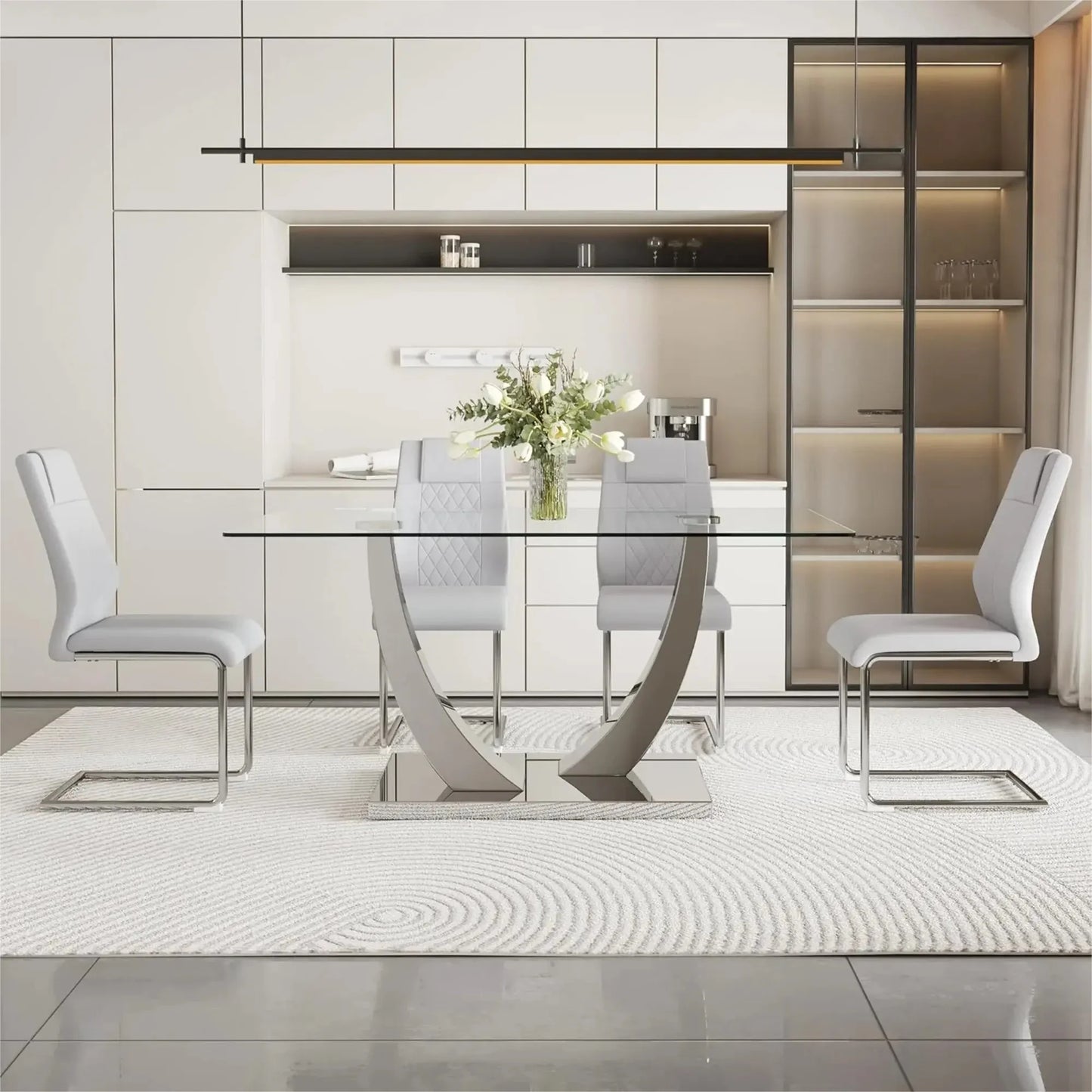 Silver Dining Table Set for 4,5PCS Glass Dining Room Table Set for 4, 63'' Rectangular Tempered Glass Top Kitchen Table Set and 4 Chairs for Dining Room Kitchen