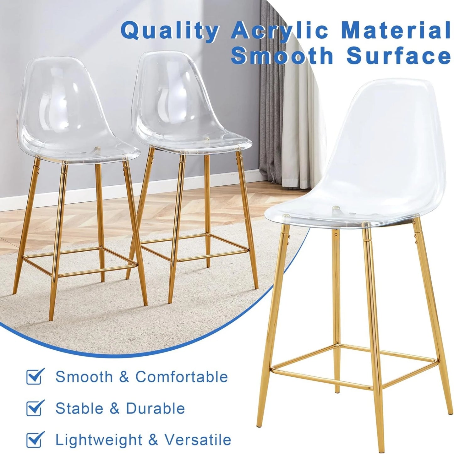 SUDICA Kitchen Island Bar Stools, Counter Height Set Of 2, Transparent PET Seats, Gold Legs, Indoor
