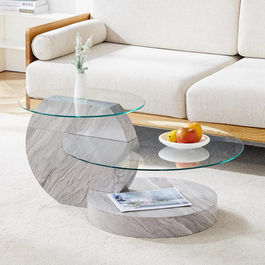 Sudica Modern Double-Layer Round Glass Coffee Table, 35.4" Center Table with Light Grey Faux Marble Base, Tempered Glass Top for Living Room