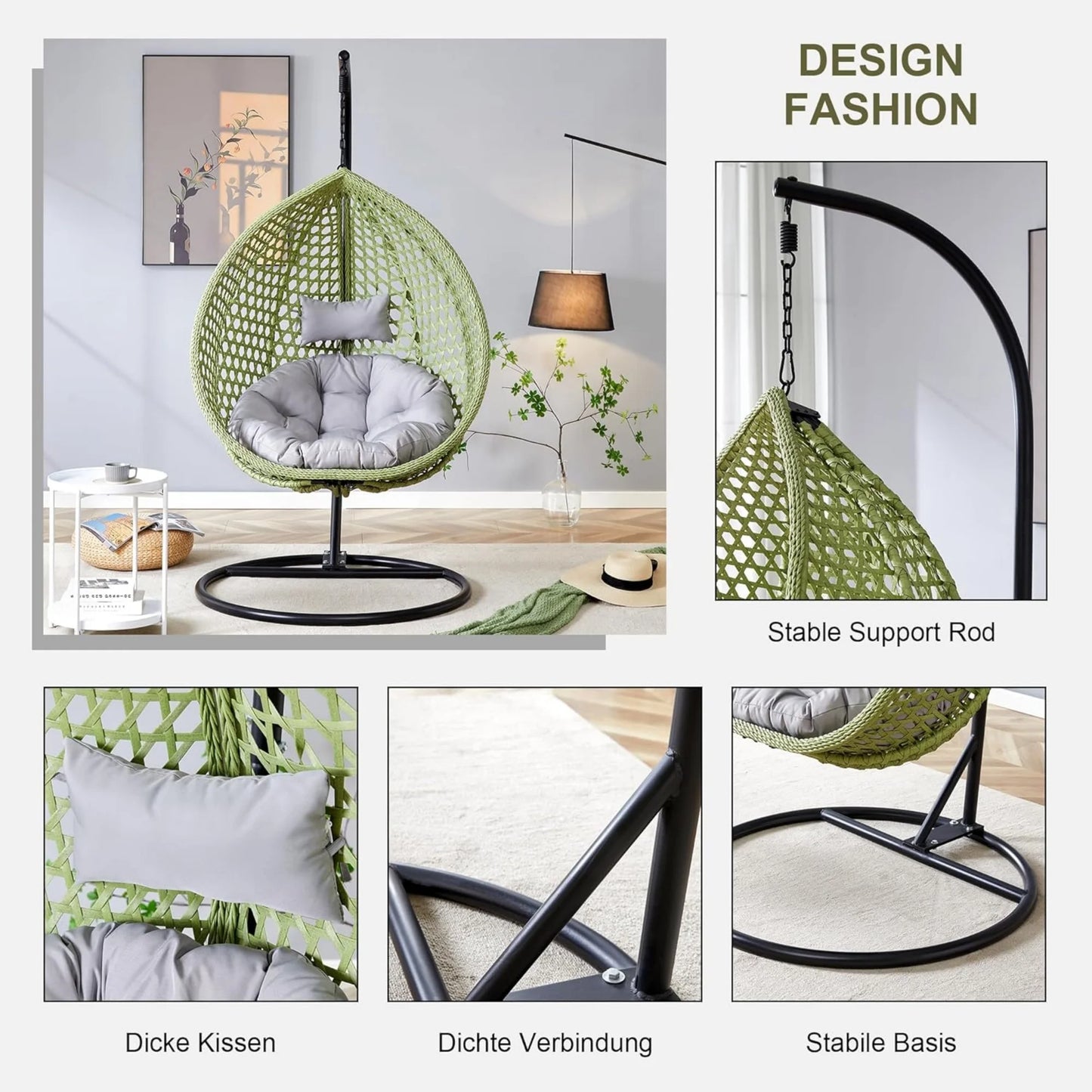 Hanging Egg Chair with Stand,Sudica Patio Soft Cushion Rattan Wicker Egg Swing Chair for Outdoor and Indoor, 350lbs Capacity,Green