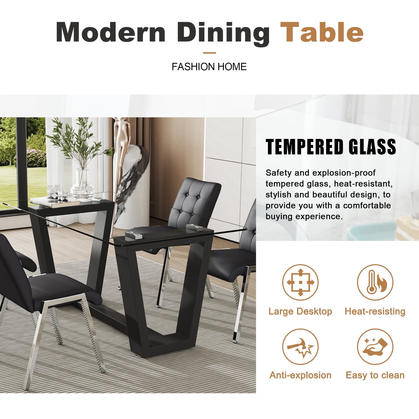 63" Glass Dining Table Set for 6, Sudica Black Legs Kitchen Table Set with Upholstered Faux Leather Dining Room Chairs, Black