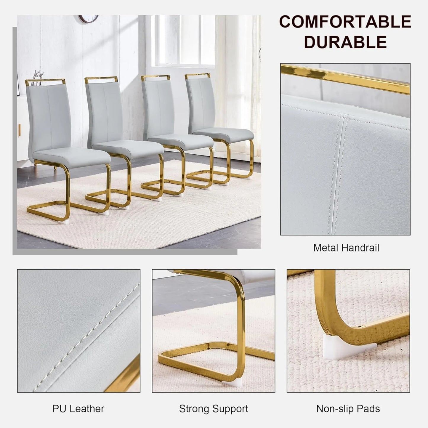 White and Gold Dining Table Set for 4, Faux Marble Dining Room Table Set for 4,63'' Rectangular Tempered Glass Top Kitchen Table Set and 4 Chairs for Dining Room Kitchen
