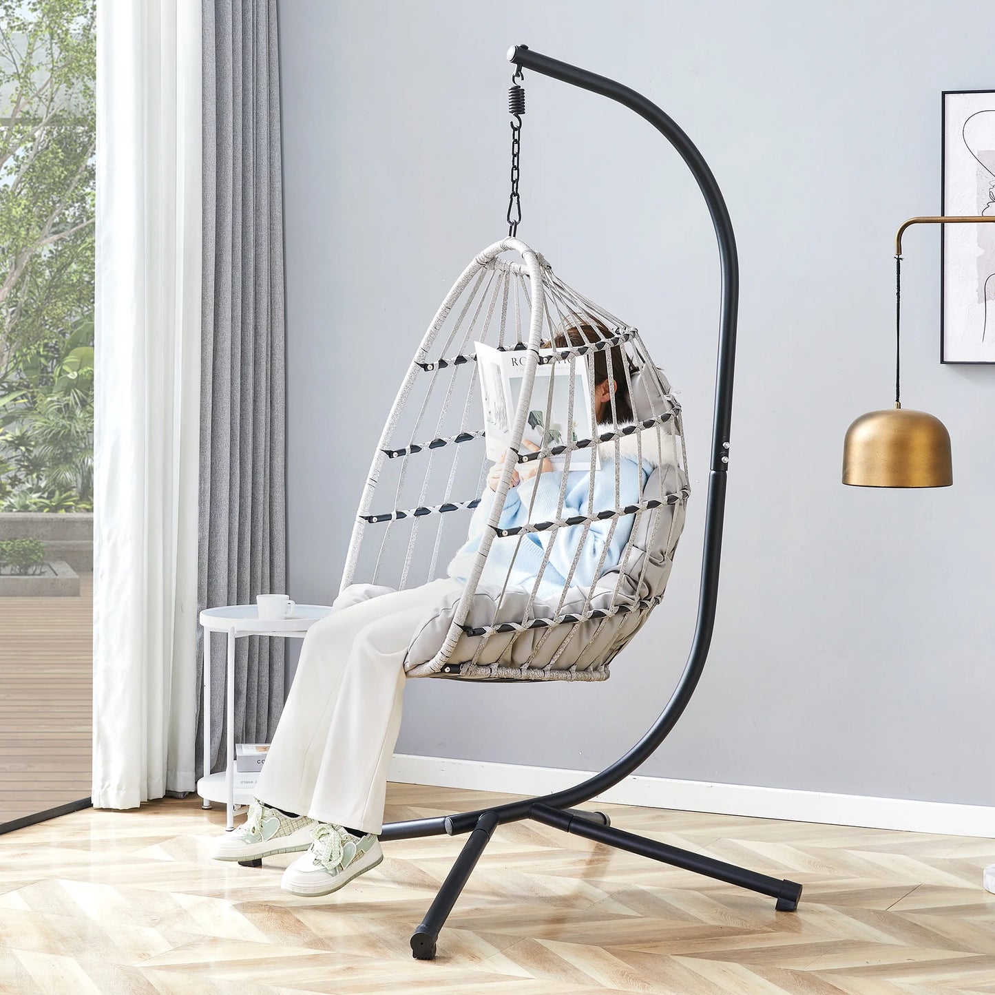 Sudica Hanging Egg Chair with Stand, Wicker Swing Chair with Soft Cushion for Indoor  Outdoor Patio