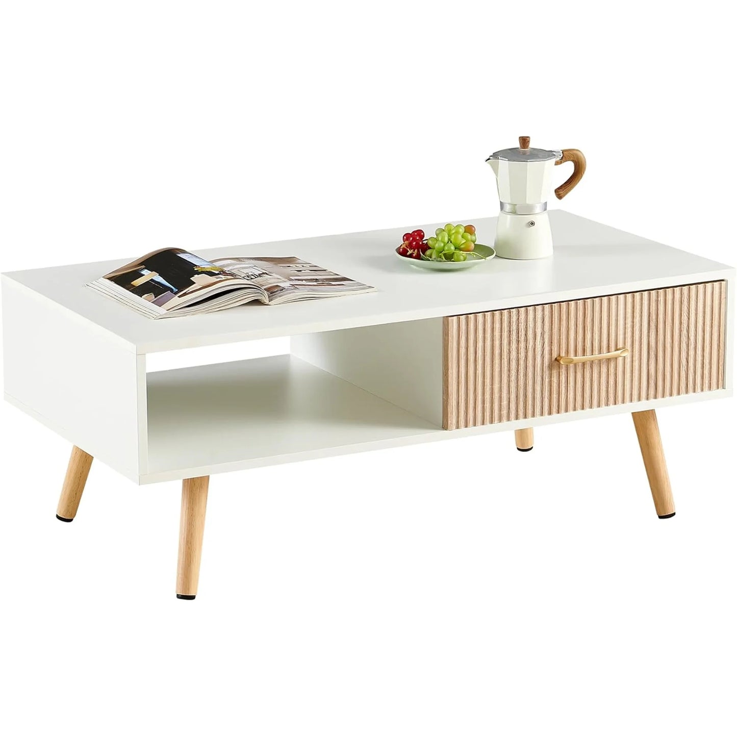Mid Century Wooden Coffee Table with Stripe Drawer，Modern 41" Large Center Table with Storage，Rectangular White Coffee Tables for Living Room, 2-Tier Cocktail Table, Solid Wood Legs