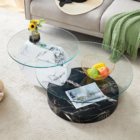 SUDICA Modern Coffee Table with Double-layer Round Glass Tabletop, Tea Table and Center Table for Living Room, Black/White