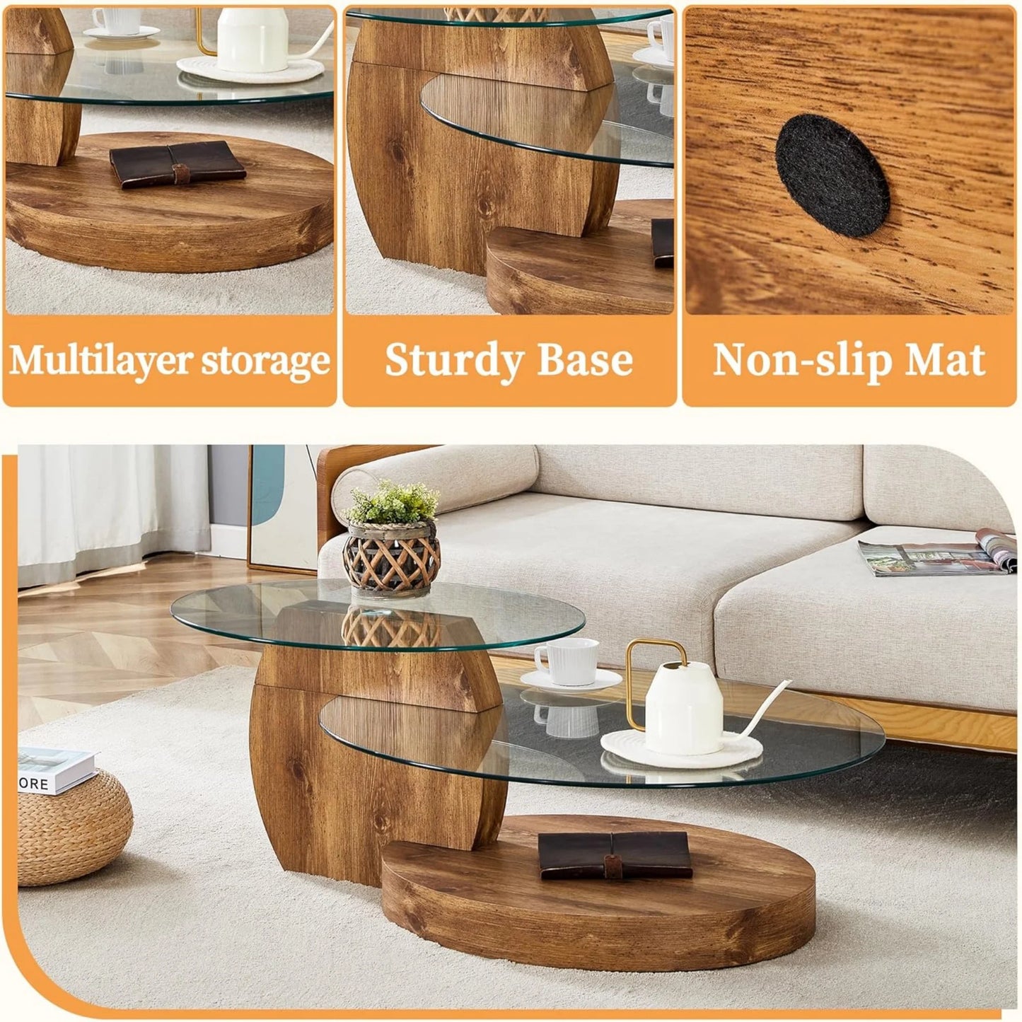 Sudica Modern Coffee Table with Double-layer Round Glass Tabletop,47" Tea Table with Natural Wood Faux Marble Patterned Base,Center Table for Living Room