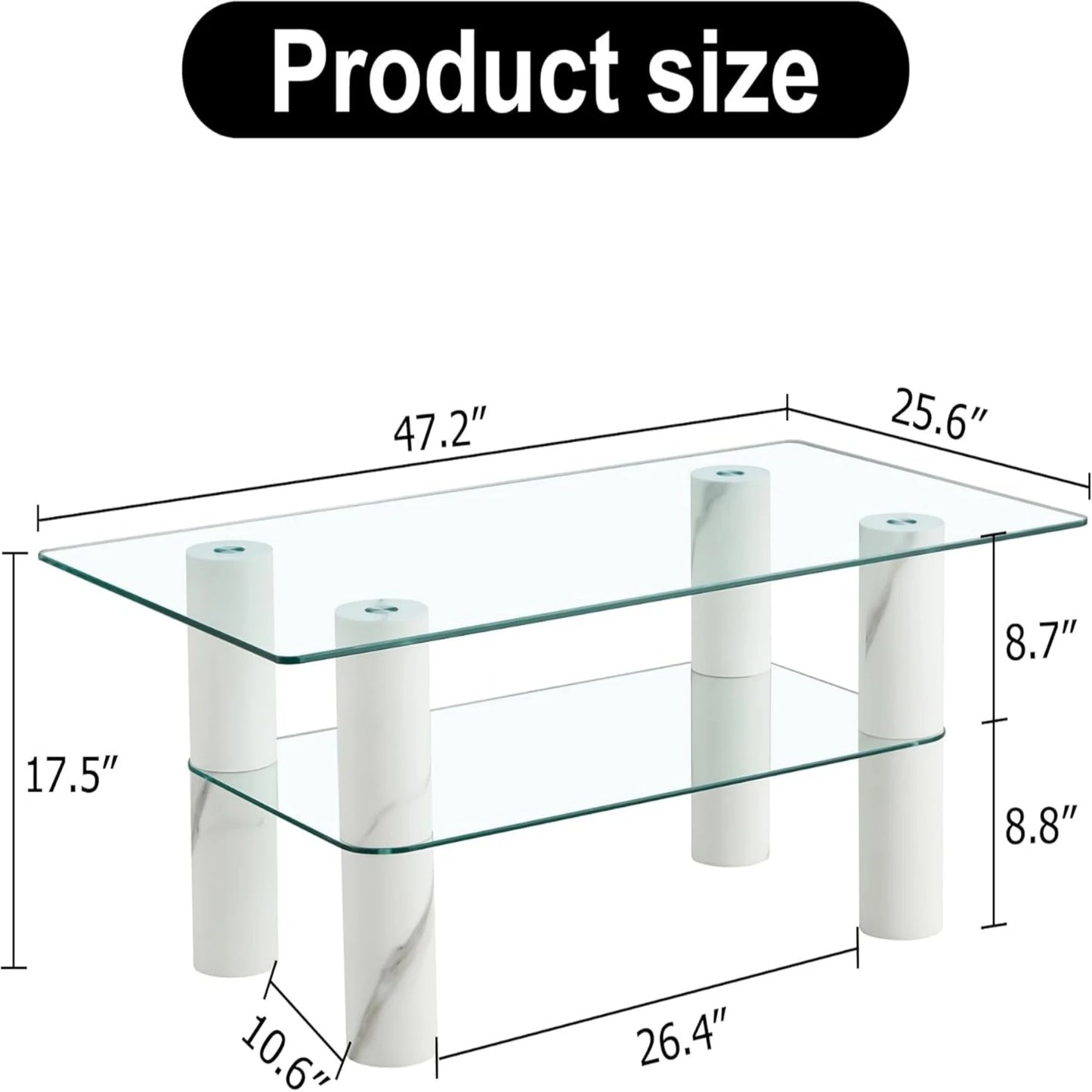 Modern Minimalist Double Layered Transparent Tempered Glass Coffee Table,47" Sudica Rectangular Tea Table with White Legs