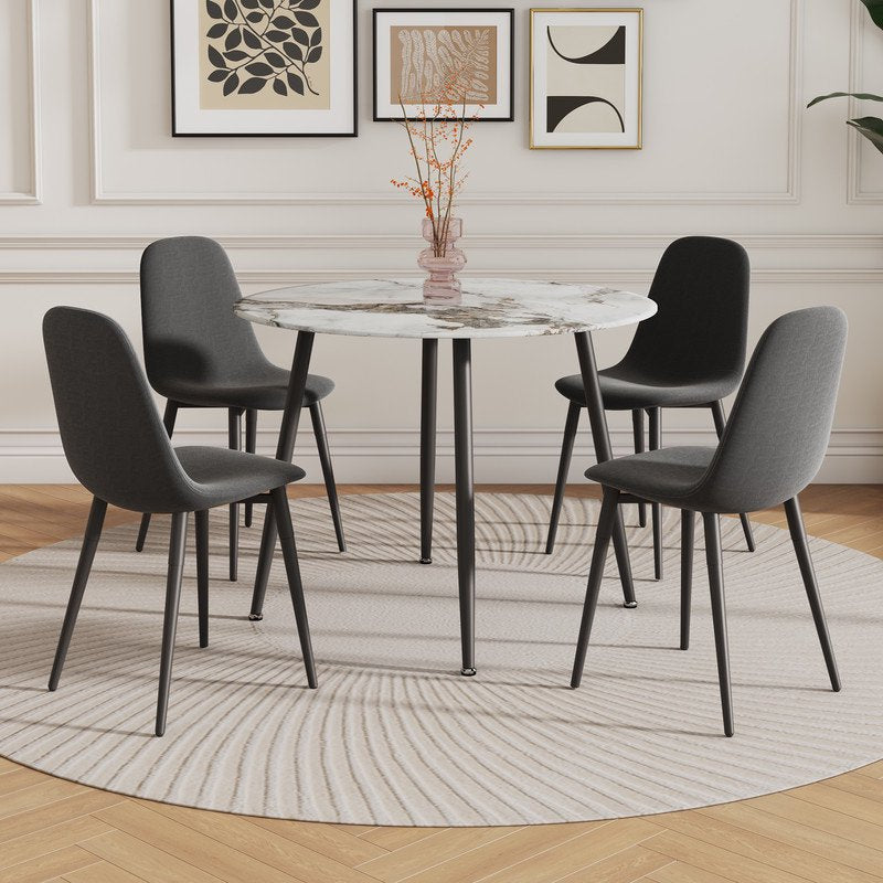 White Marble Table Set for 4, Compact 40 inch Round Table with Grey Linen Dining Chairs Modern Table and Chairs for Kitchen