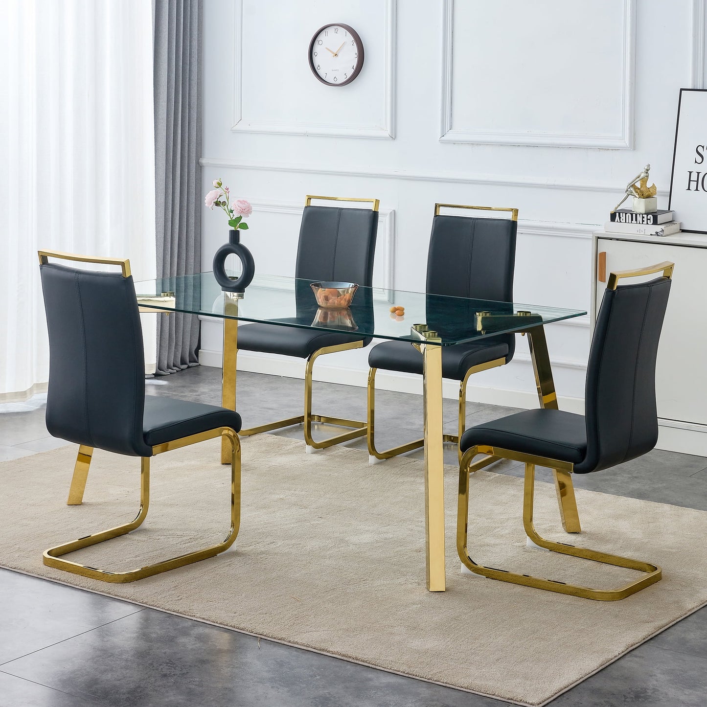 63" Large Glass Dining Table Set for 4, Sudica Gold Legs Kitchen Table with Faux Leather Dining Chairs,Black