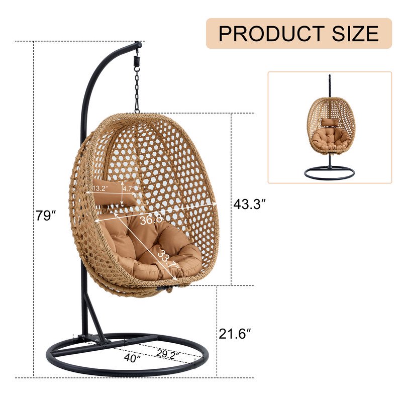 Hanging Egg Chair with Stand,Sudica Patio Soft Cushion Rattan Wicker Egg Swing Chair with Pillow for Bedroom,Balcony Backyard,Garden 350lbs Capacity,Light Browm