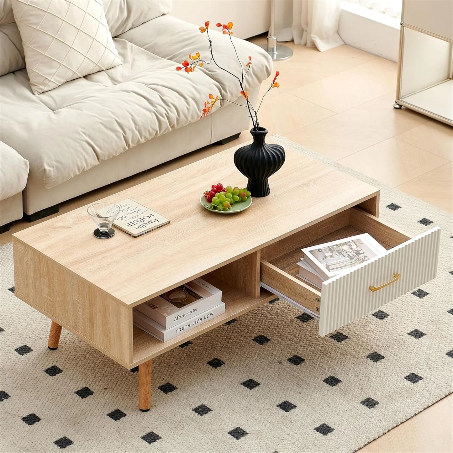Mid Century Wooden Coffee Table with Stripe Drawer，Modern 41" Large Center Table with Storage，Rectangular Light Wood Coffee Tables for Living Room, 2-Tier Cocktail Table, Solid Wood Legs