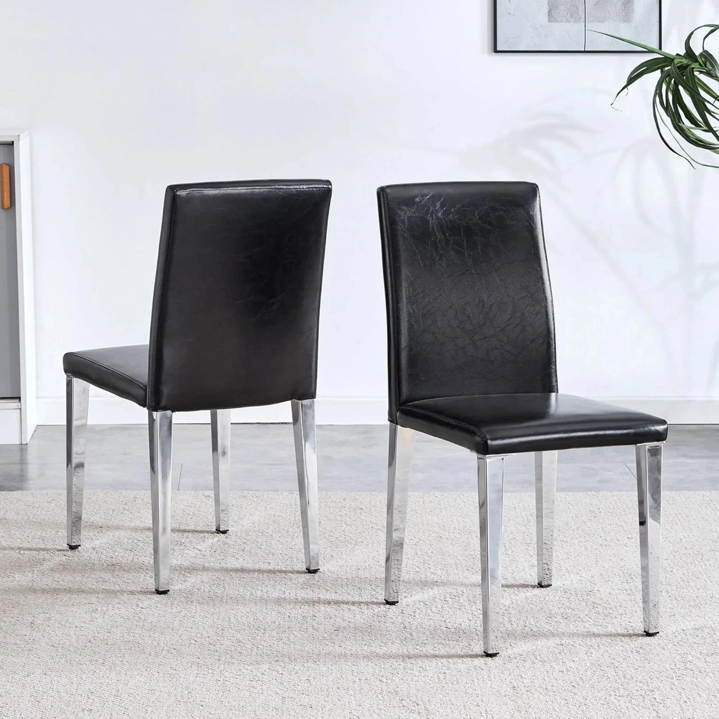 SUDICA Black Faux Leather Dining Chairs Set of 2, Silver Metal Legs for Kitchen or Dining Room