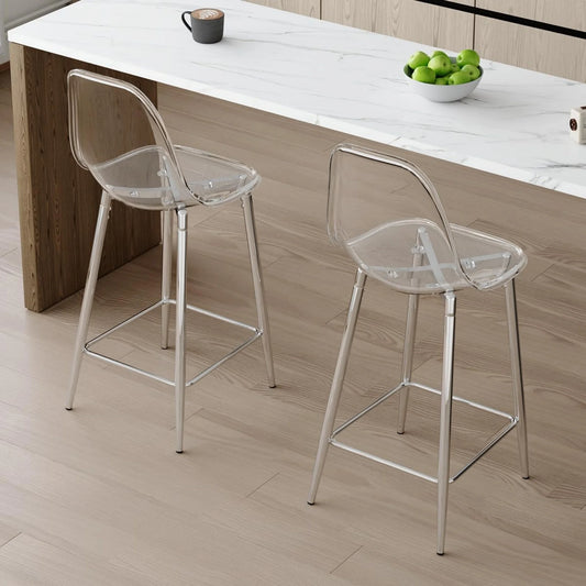 SUDICA Kitchen Island Counter Height Bar Stools Set of 2, Clear PET Seats, Silver Legs
