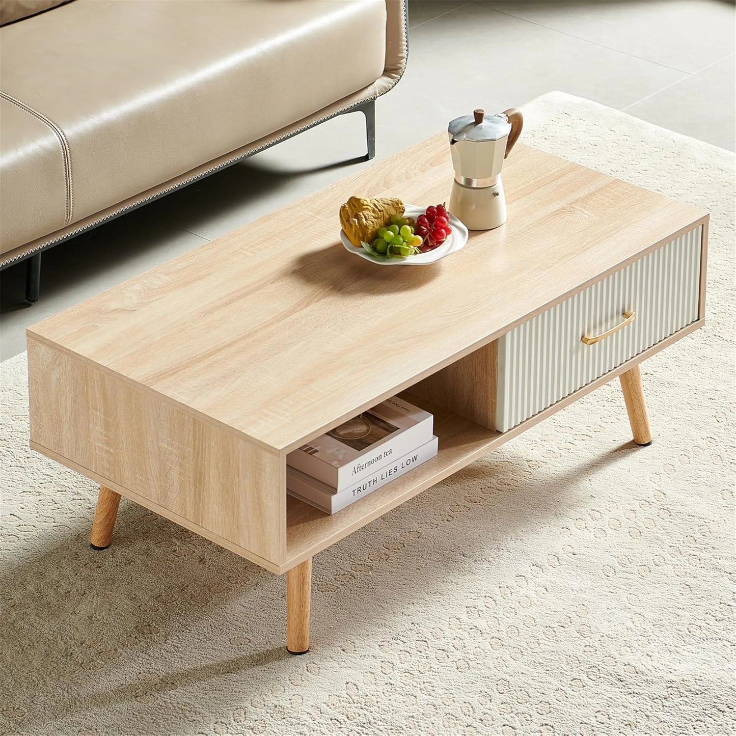 Mid Century Wooden Coffee Table with Stripe Drawer，Modern 41" Large Center Table with Storage，Rectangular Light Wood Coffee Tables for Living Room, 2-Tier Cocktail Table, Solid Wood Legs