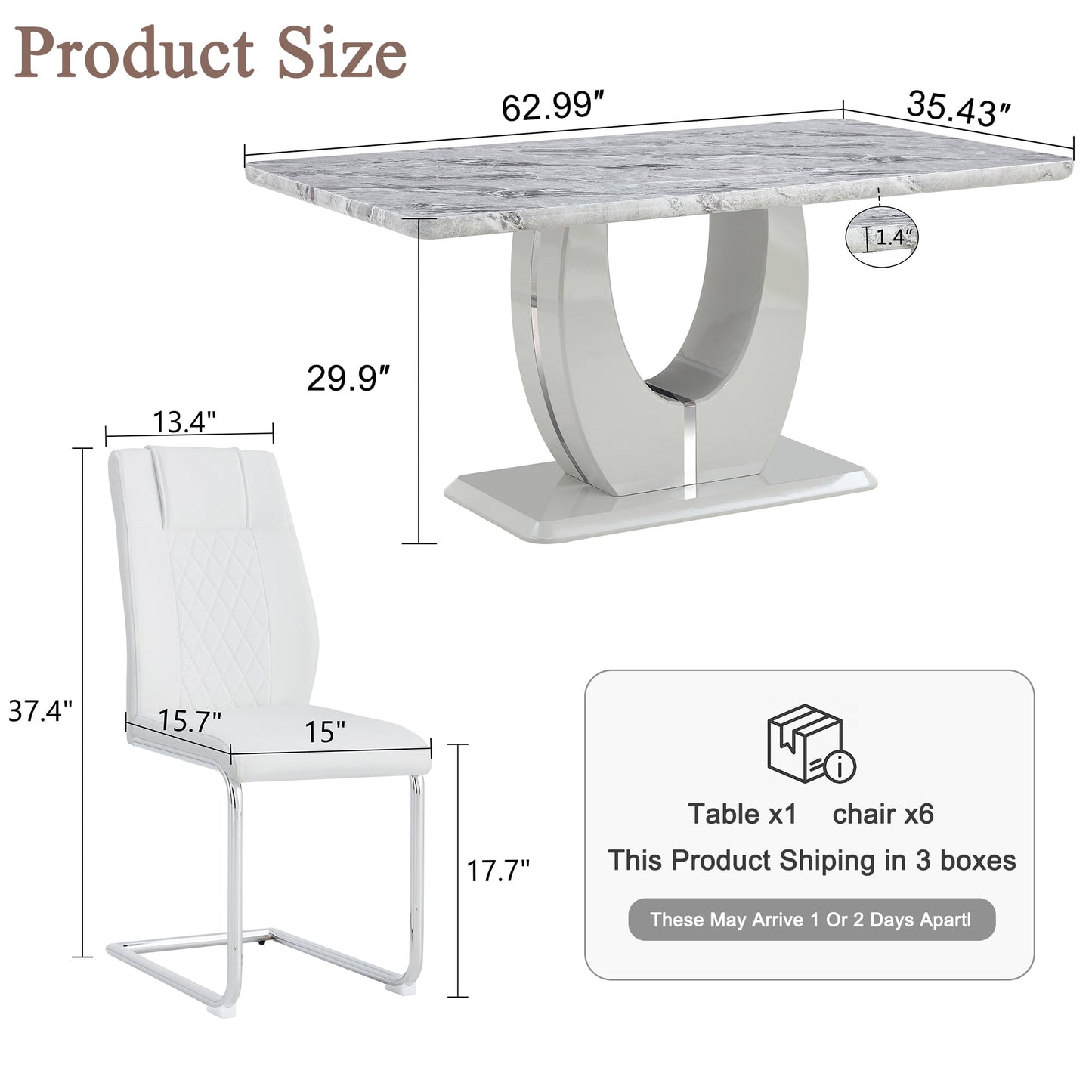 Sudica Dining Table Set with 6 Leather Dining Room Chairs, 63" Large Rectangular Marble Dining Table and Chairs Set,White
